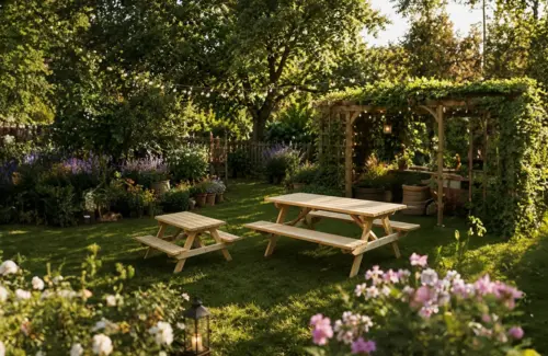 Sunlit garden with two wooden picnic tables on a grassy lawn, a vine-covered pergola, string lights, and blooming flowers nearby.