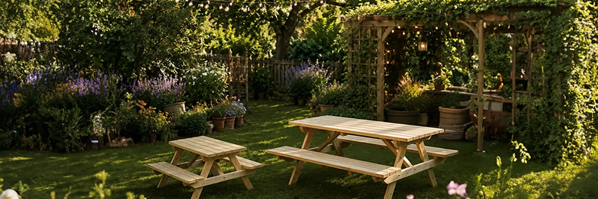 Sunlit garden with two wooden picnic tables on a grassy lawn, surrounded by potted plants and a wooden pergola.