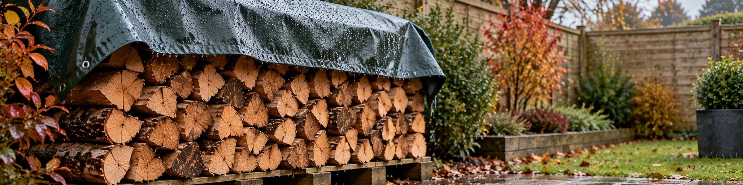 covering-a-log-pile | Empress Fencing Clitheroe Lancashire A neatly stacked stack of firewood under a rain-soaked green tarp in a backyard garden with autumn leaves and a wooden fence in the background.