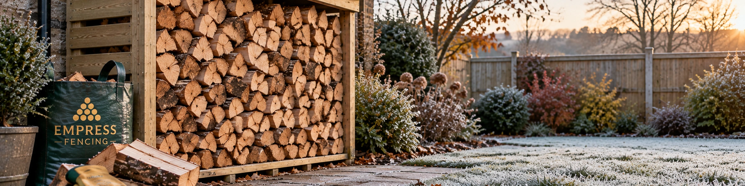 ordering-logs-before-a-cold-snap | Empress Fencing Clitheroe Lancashire Stacked firewood in a wooden log rack beside a green Empress Fencing bag, with frosted lawn and a sunrise sky in the background/behind a garden fence.