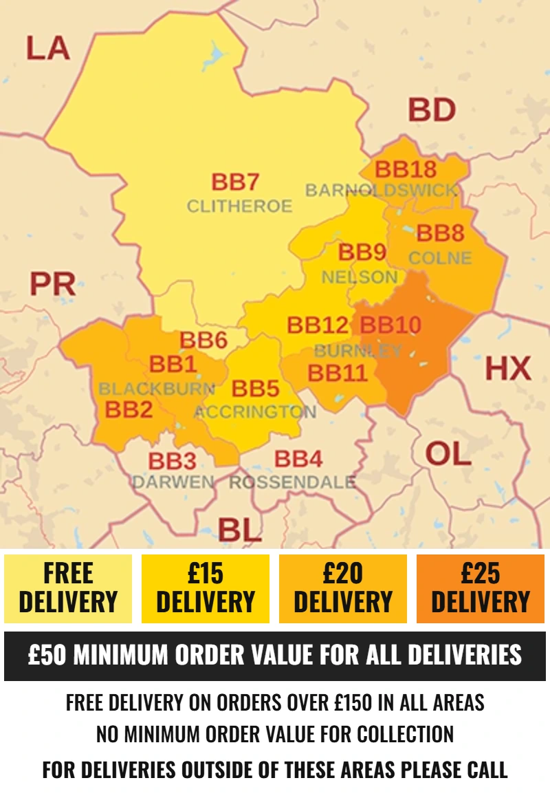 Empress Fencing delivery charges map: free delivery to BB6 and BB7, £15, £20 and £25 for other BB postcodes, £50 minimum order value for delivery